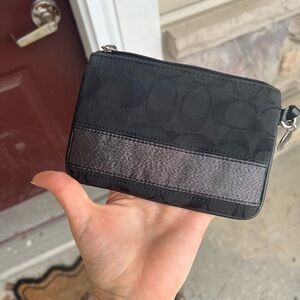 Coach Black Wristlet with Metallic Gunmetal Stripe